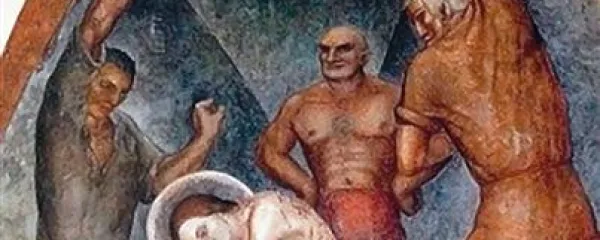 Cinični nasmeh razgaljenega in razkoračenega  duceja, ki nadzoruje bičanje sv. Vida (župnijska cerkev v Šentiviški Gori)
