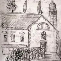 Cerkev na Kostanjevici v 17. stoletju v  Marussigovem rokopisnem delu Relatione del Contaggio di Goritia.