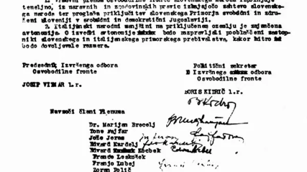 Proglas vrhovnega plenuma Osvobodilne fronte slovenskega naroda o priključitvi slovenske Primorja “svobodni in združeni Sloveniji v svobodni in demokratični Jugoslaviji”, 16. septembra 1943
