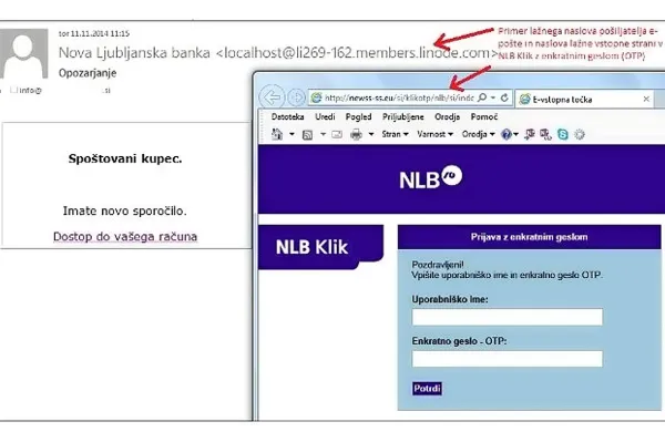 Primer lažnega elektronskega sporočila za NLB Klik.
