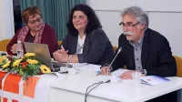 Avtorica publikacije Diana Peloza (v sredini) med Moreno 
Piccinini, predsednico italijanskega Patronata INCA CGIL, in 
Jadranom Čalijo, predsednikom društva INCA 