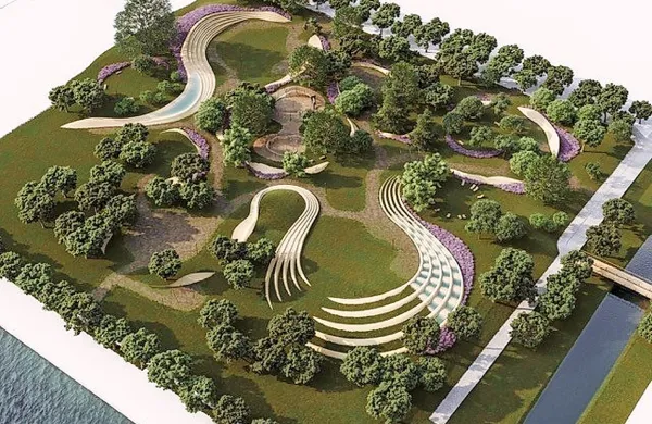 Park ob morju bi poleg zelenja dopolnjevale tlakovane 
površine, vzvalovljena nasutja z betonskimi elementi, igralne 
površine in prireditveno območje s tribunami.