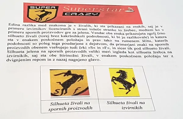 Iz sodbe: silhueta jelenčka na igračah je v veliki meri videti kot 
silhueta žrebca na Ferrarijevih izvirnikih, saj sta obe štirinožni 
živali, v enakem poskočnem položaju z dvignjenim repom in 
nazaj nagnjeno glavo.