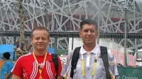 Peter Ljubič (levo ) in Nenad Krstić na olimpijskem prizorišču v Pekingu 
leta 2008.