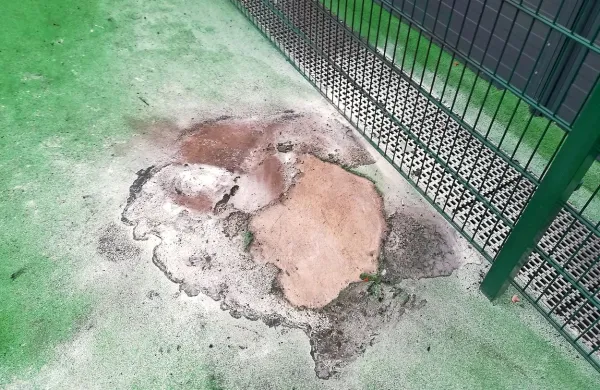 Ko so vandali zažgali enega od zabojnikov za smeti, so se 
plameni razširili še na tartan in ga stopili. 