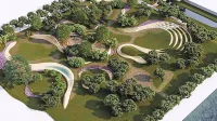 Park ob morju bi poleg zelenja dopolnjevale tlakovane 
površine, vzvalovljena nasutja z betonskimi elementi, igralne 
površine in prireditveno območje s tribunami.
