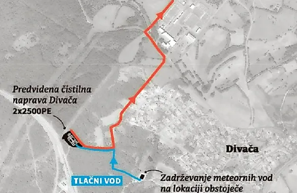 Načrt omrežja nove čistilne naprave v Divači. Zaradi bližine Kačne 
jame so izpust predvideli na drugi strani divaškega preloma, malo 
pred RTP-postajo.
