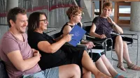 Repertoar prihajajoče sezone  so v novogoriškem gledališču družno predstavili (z leve) Marko Bratuš, Maja Jerman Bratec, Martina 
Mrhar in Ana Kržišnik Blažica.  