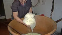 Zdenka, žena Mirana Prezlja, zajema sirno maso iz kotla.