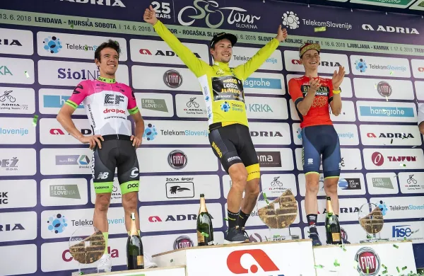 Primož Roglič (na najvišji stopnički) je še drugič osvojil Dirko po 
Sloveniji, Matej Mohorič (desno) je bil  v skupnem seštevku tretji.