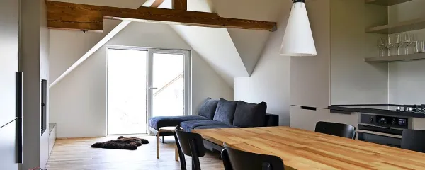 Ostalo pohištvo je minimalno - udobna zofa, preprosta jedilna 
miza, še celo svetila se trudijo ostati anonimna.