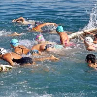 Plavanje čez ovire? Ne, le  oznako koprskega kopališča je bilo 
kmalu po startu tudi treba premagati na poti do Žusterne.