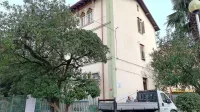 Za  rastjem se skriva    pročelje s kamnoseško oblikovanimi detajli in  
okni  v obliki  beneške trifore.  