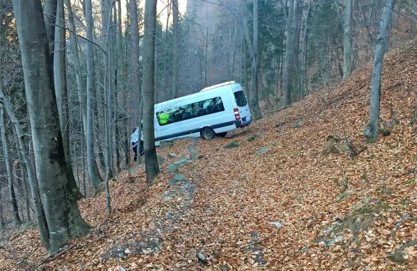 Voznik je z minibusom, s katerim  je otroke peljal v šolo,  s cestišča 
zapeljal levo v globel. Vozilo je  po 30 metrih  obstalo med 
drevesi.