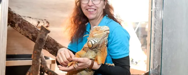 Nika Leben z legvanom Lennyjem, najbolj prepoznavnim primerkom koprskega  vivarija
