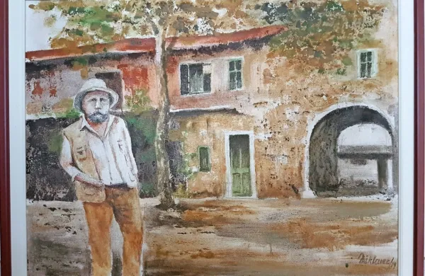 Tako je Marijan Miklavec upodobil Jadrana Sterleta pred staro 
mitnico v Dutovljah, ki je od lani ni več.

  