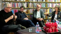 Gostje  Ifigenije Simonović,   predsednice žirije za Rožančevo nagrado, so bili predvčerajšnjim v komenski knjižnici nominiranci (z leve)   
Marcel Štefančič, jr., Luka Novak in Urban Vovk; manjkala sta Uroš Zupan  in Boštjan Narat. 