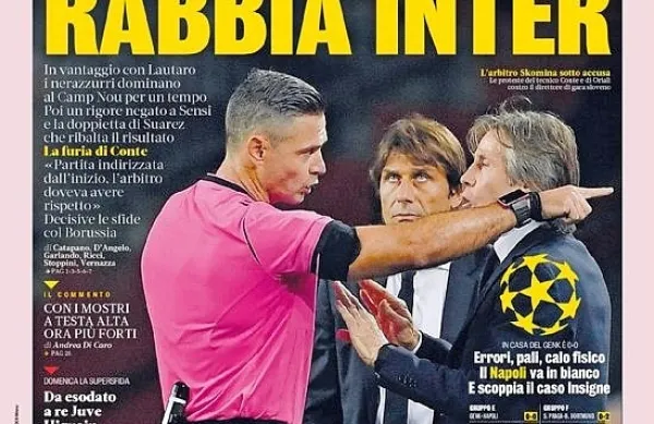Zavoljo odločitev na derbiju 
med Barcelono in Interjem se je 
koprski nogometni sodnik Damir Skomina včeraj znašal tudi 
na naslovnici popularnega italijanskega športnega dnevnika.

