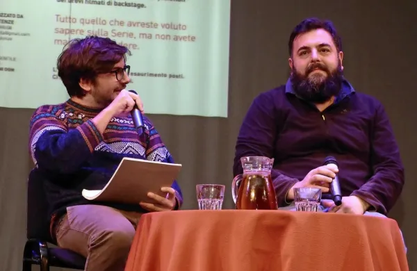 Matteo  Oleotto (desno) je svoje delo predstavil v pogovoru s 
kolegom Christianom Natolijem.  