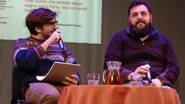 Matteo  Oleotto (desno) je svoje delo predstavil v pogovoru s 
kolegom Christianom Natolijem.  