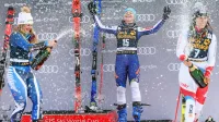 Najboljše veleslalomistke - z leve Novozelandka Alice Robinson, v 
sredini Slovenka Meta Hrovat, desno pa     Slovakinja Petra Vlhova. 
Na fotografiji manjka Švicarka Wendy Holdener. 