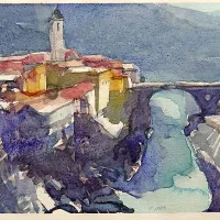 Franc Golob je na akvarelih upodobil tudi Kanal ob Soči.   