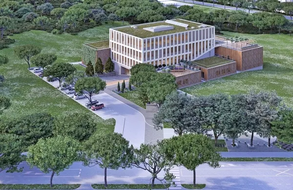 Tako bo videti kompleks  InnoRenew CoE. Višja stavba bo glavna, 
desno ob njej bo enonadstropni laboratorij za kompozite iz lesa in 
drugih materialov.