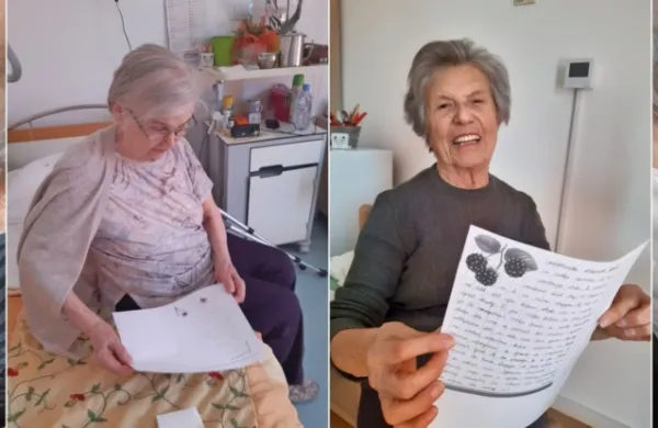 Stanovalci Centra za starejše občane Lucija med prebiranjem 
pisem, ki so jih zanje napisali dijaki, bivši dijaki in zaposleni 
Gimnazije, elektro in pomorske šola Piran.  