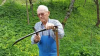 Fotografija Ivana Bevka pri brušenju kose je sicer nastala lani, a se 
je košnje lotil tudi v teh dneh, ko je vstopil v 101. leto starosti.