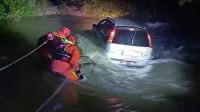 Koprska gasilca-potapljača sta se morala previdno približati avtu, da ju Rižana ne bi odnesla. 
