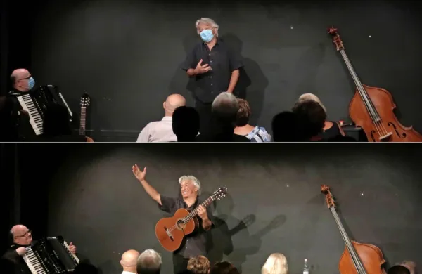 Iztok Mlakar in glasbenik David Šuligoj sta večer pričela z 
maskama ... in ga že po nekaj minutah nadaljevala, kakor se 
spodobi:   s širokim nasmehom in z radoživo pesmijo.
