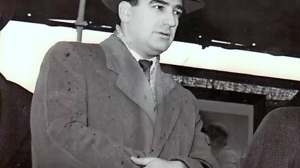Boris Šnuderl (1926-2020) ob splovitvi ladje Trbovlje leta 1959.