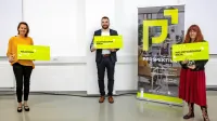  Maja Lapajne, Isak Suljanović in Nataša Sedej (z leve) so žirijo 
prepričali z  najbolj perspektivnimi podjetniškimi idejami. 

