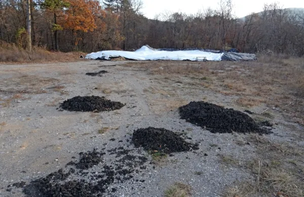 Včeraj bi morali odpadno blato odpeljati, je naročila okoljska 
inšpekcija, a  prekrito s plastično folijo še čaka. Prav tako je nekaj 
kupčkov še vedno raztresenih po poti. 