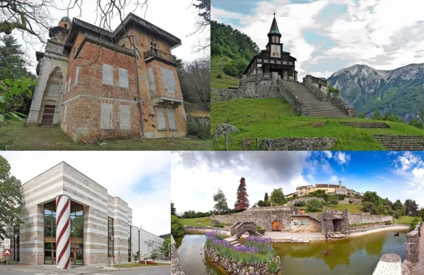 Od zgoraj z leve proti desni vila Rafut arhitekta Antona Laščaka, cerkev Sv. Duha, kulturni dom v Sežani, ki je delo skupine 
Kras, in veličastni Ferrarijev vrt, ki je nastal po načrtih Maksa Fabianija v Štanjelu.