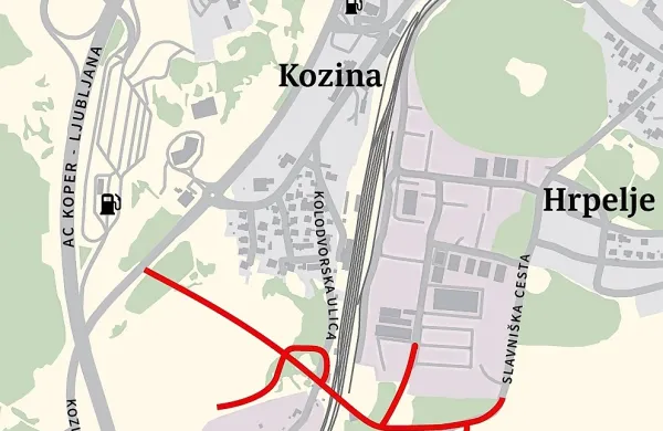 Nova  cesta do obrtne cone v Hrpeljah (rdeča barva) bo speljana s 
stare ceste  Ljubljana-Koper.