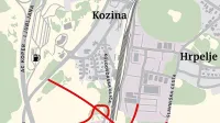 Nova  cesta do obrtne cone v Hrpeljah (rdeča barva) bo speljana s 
stare ceste  Ljubljana-Koper.