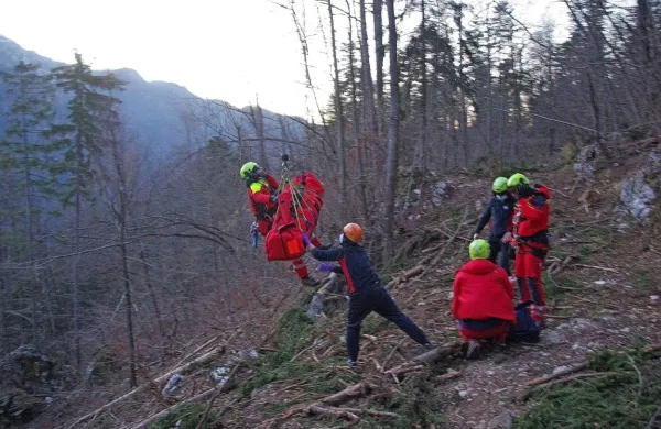 Tolminski gorski in zdravstveni reševalci so poškodovanega gozdarja   oskrbeli in ga pripravili na 
prevoz s helikopterjem.