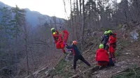 Tolminski gorski in zdravstveni reševalci so poškodovanega gozdarja   oskrbeli in ga pripravili na 
prevoz s helikopterjem.