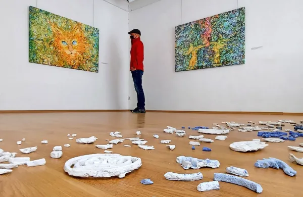 V ospredju instalacija Nežke Zamar s kamni iz Soče in Nadiže, na platnih sliki Nataše Gregorič  