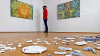 V ospredju instalacija Nežke Zamar s kamni iz Soče in Nadiže, na platnih sliki Nataše Gregorič  
