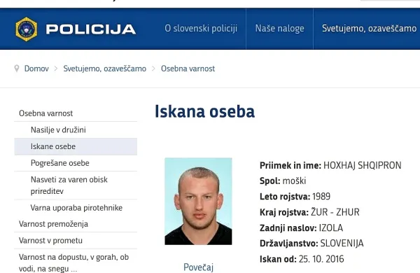 Na policiji so potrdili, da so jih s Kosova obvestili o prijetju 
Shqiprona Hoxhaja. 