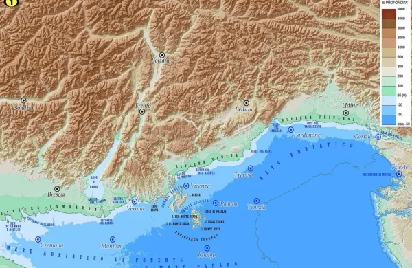 Severovzhodna Italija leta 2786, kot si jo je zamislil kartograf Francesco Ferrarese v knjigi Telma Pievanija in Maura Varotta; gre bolj kot 
drugo za opozorilo, da se morska gladina po vsem svetu, tudi pri nas, zaradi taljenja ledu dviguje.