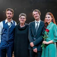 Del goriške ekipe, ki je sodelovala v koprodukciji  (z leve):  Matija Rupel,   
Peter Harl in Anuša Kodelja, vmes pa direktorica Mirjam Drnovšček. 