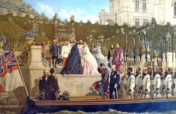 Prihod cesarice Sissi, ki jo je na  Miramarskem  gradu sprejela Maksimiljanova soproga Carlota.   