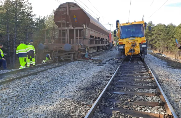 Okoli šestih zjutraj je nekaj sto metrov pred postajo pod Črnotičami pod tovornim vagonom vlakovne kompozicije počila ena od 
dveh osi, zaradi česar je vagon iztiril.