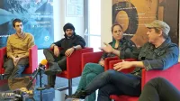 Režiserka  Renata Vidič in igralci (z desne) Igor Štamulak, Blaž Popovski in Mak Tepšić 