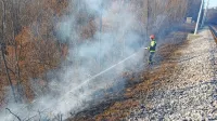 Bistriški gasilci so že v petek gasili štirikrat. Na fotografiji: gašenje 
požara ob železniški progi pri Podstenjah.