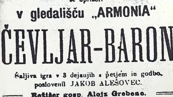 Plakat spevoigre Čevljar baron, prve uprizoritve Dramatičnega 
društva v Trstu, prinaša zanimive informacije o obisku gledališke 
predstave na začetku prejšnjega stoletja
