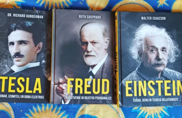 John Van Wyhe:    Darwin - plovba okoli sveta in teorija evolucije, 
prevedel Samo Kuščer;   Dr. Richard Gunderman:    Tesla - vizionar, 
izumitelj in doba elektrike, prevedel Milan Žlof; Walter Isaacson:    
Einstein  - čudak, genij in teorija relativnosti, prevedel Samo Kuščer; 
Ruth Sheppard:    Freud  - znanstvenik in rojstvo psihoanalize, 
prevedla Mojca Vodušek; Joel Levy:    Hawking - neutrudni mislec in 
teorija vsega, prevedel Samo Kuščer; posamezna knjiga ima 160 
strani in stane 24,99 evra.